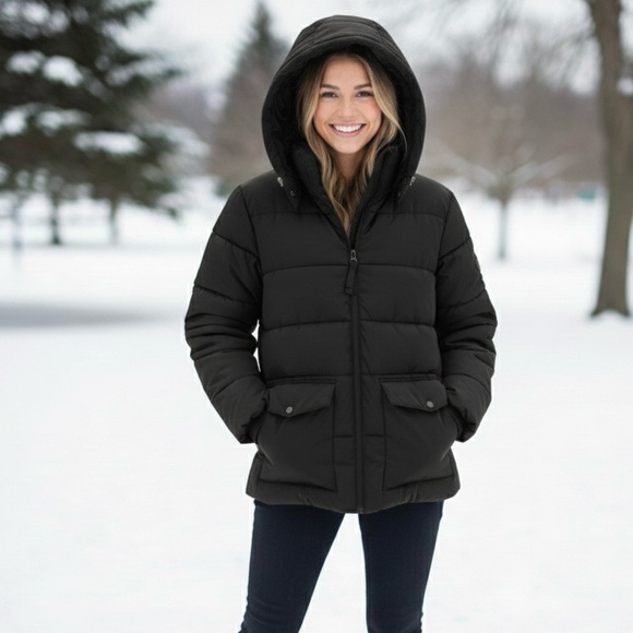 OLD NAVY Black Puffer Jacket. Attached Hood Elastic Waist Full Zip Size XS - Picture 13 of 13